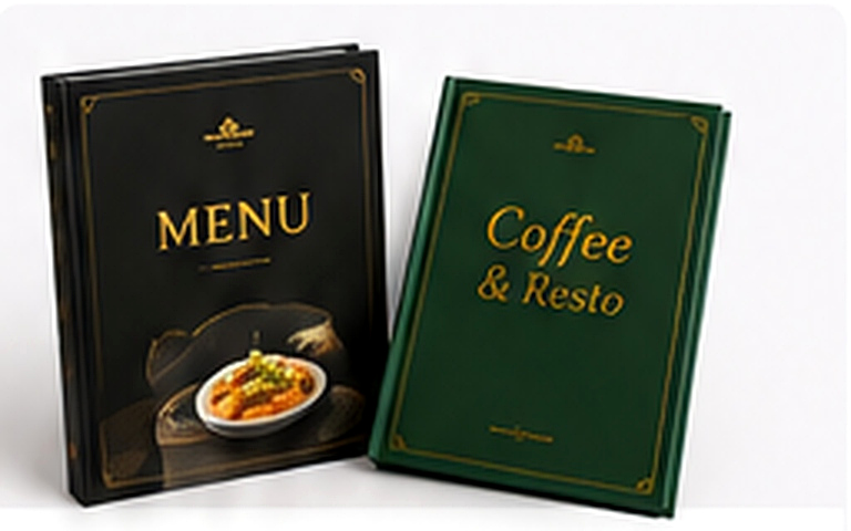 Foto studio buku menu terbuka dengan desain ungu dan kuning