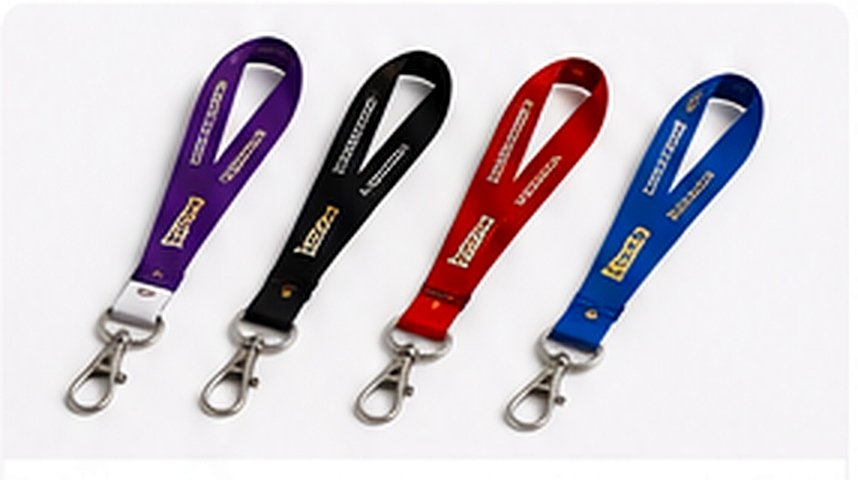Foto studio lanyard cetak warna ungu dan kuning dengan tempat kartu identitas